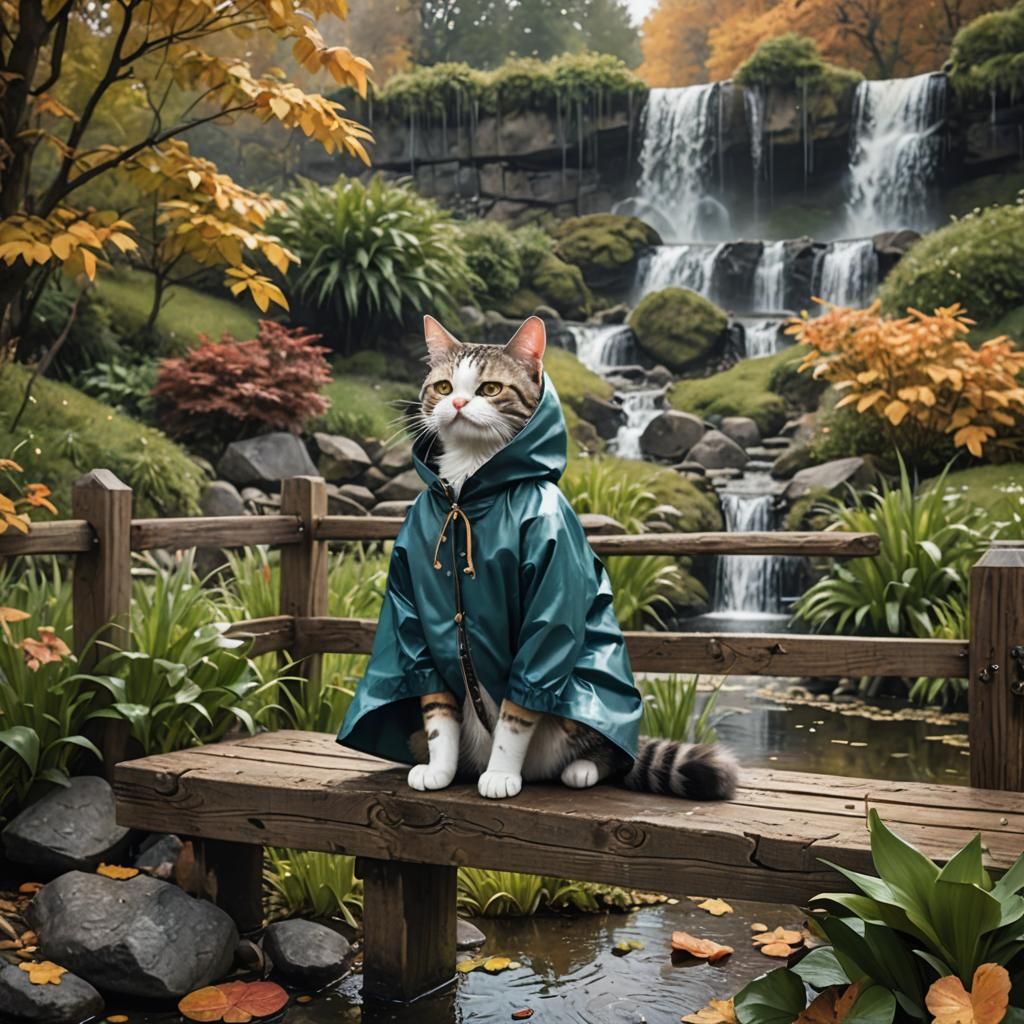 Cat in Raincoat Enjoying Waterfall View