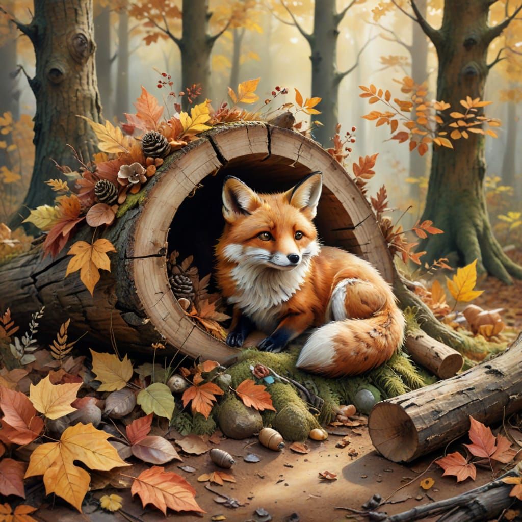 Whimsical Forest Scene with Curled Up Fox