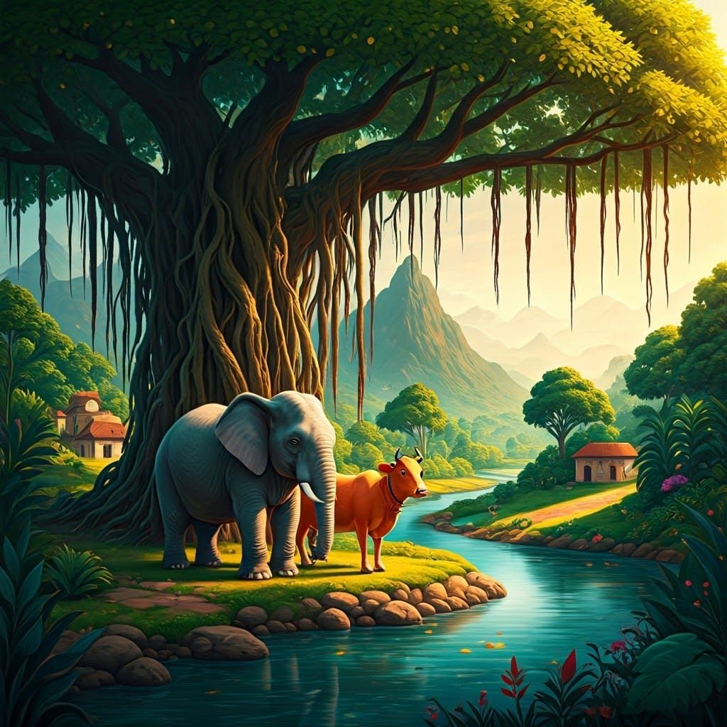 Whimsical Village Friends Under a Majestic Banyan Tree