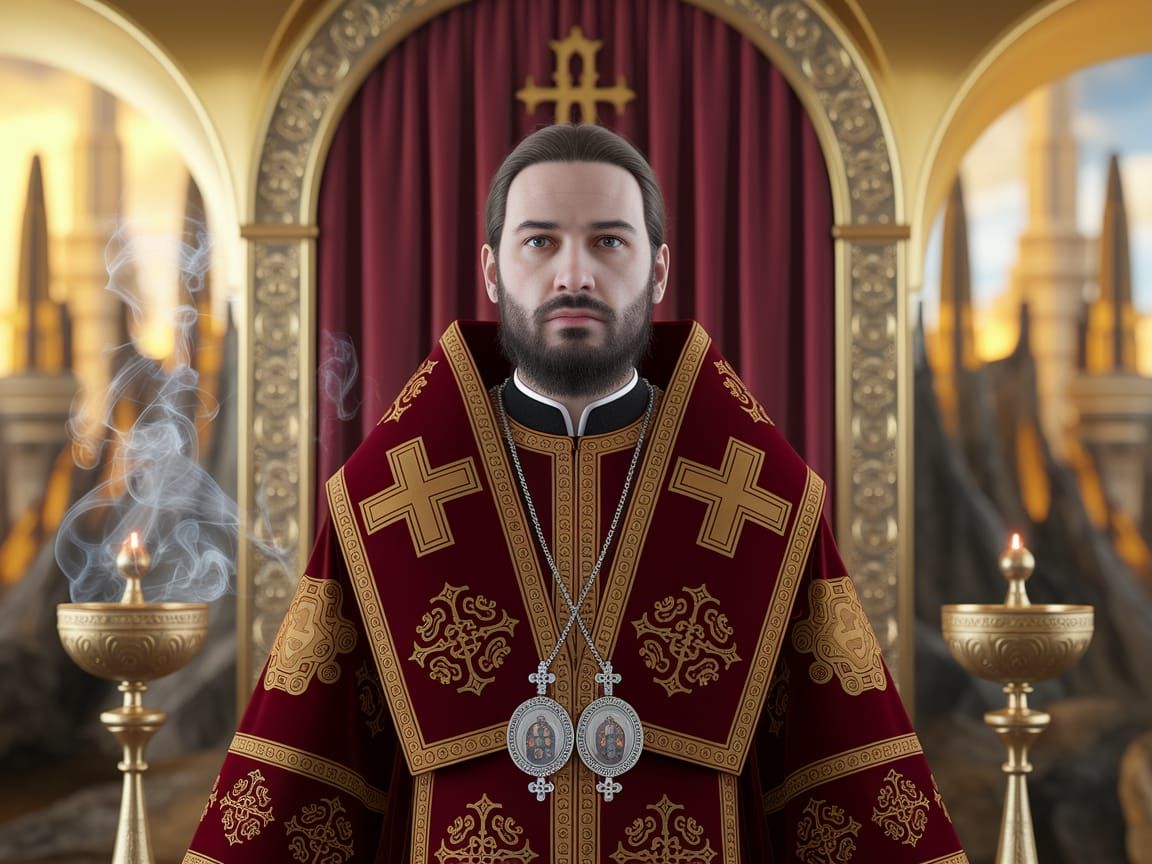 Orthodox Priest in Golden Hues Sci-Fi Landscape