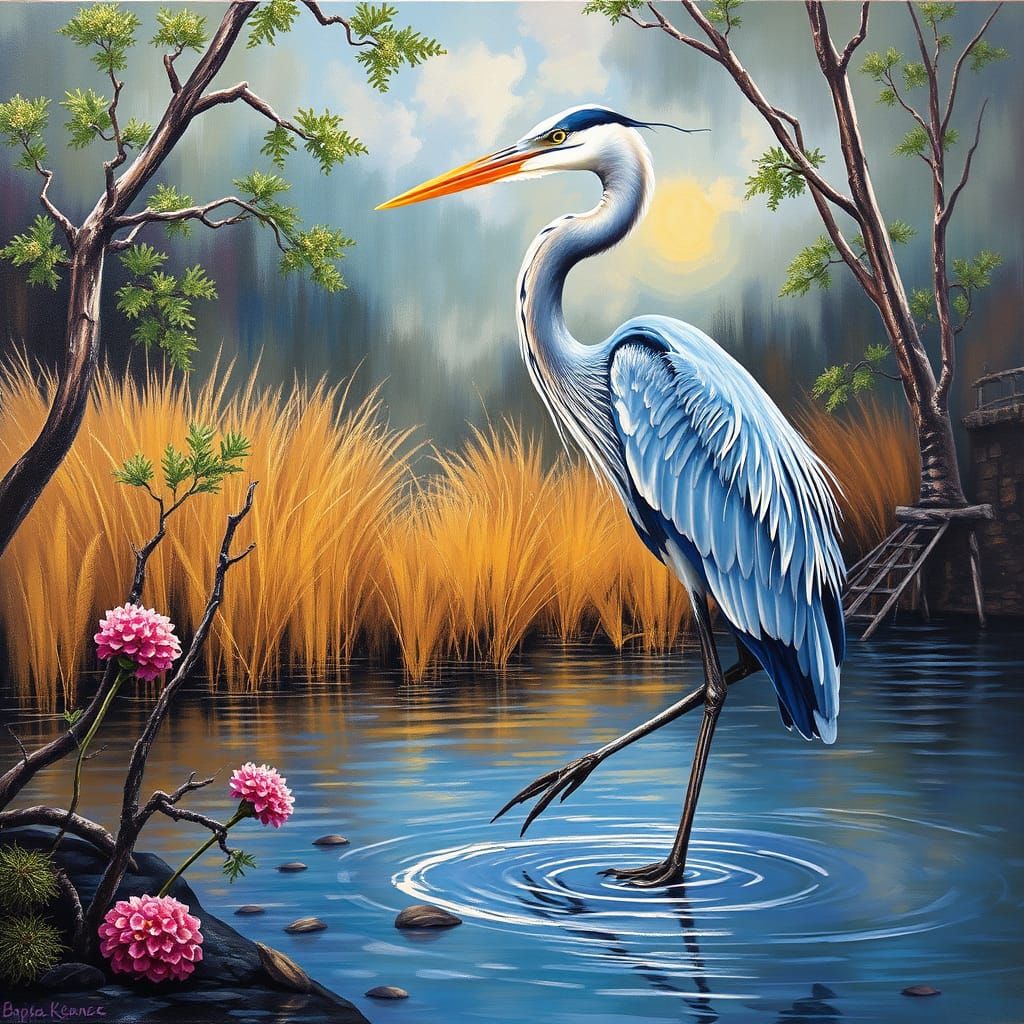 Soothing Australian Landscape with Great Blue Heron in Oil P...