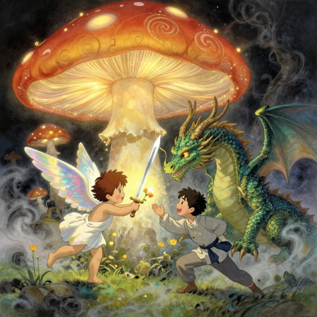 Magical Mushroom Battle: Angel Fights Dragon with Human Frie...