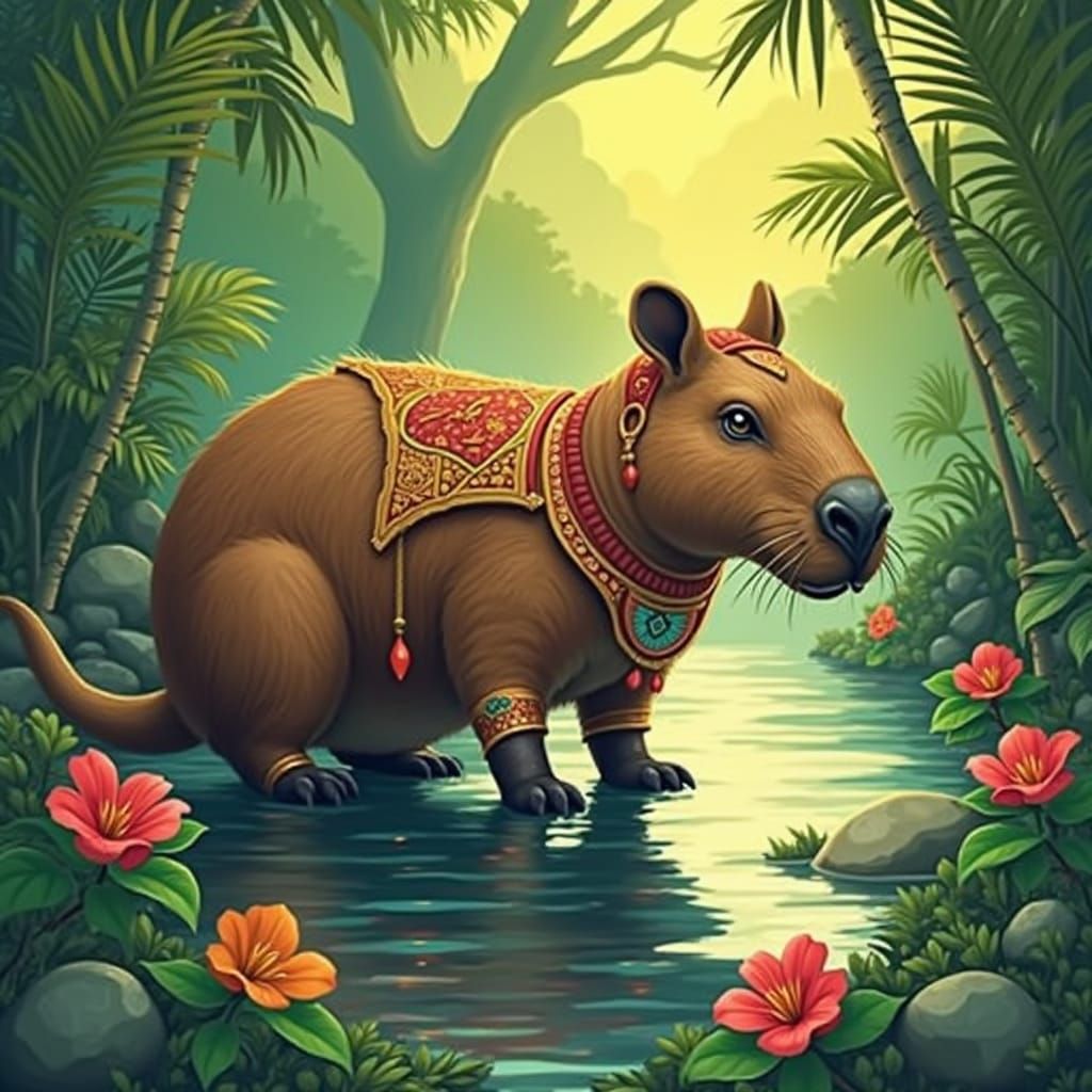 Surreal Capybara Warrior in Cyberpunk Jungle