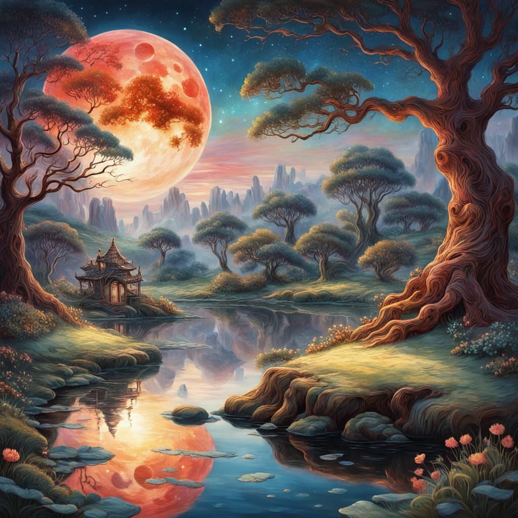 Blood Moon Reflection in Dreamy Watercolor Style