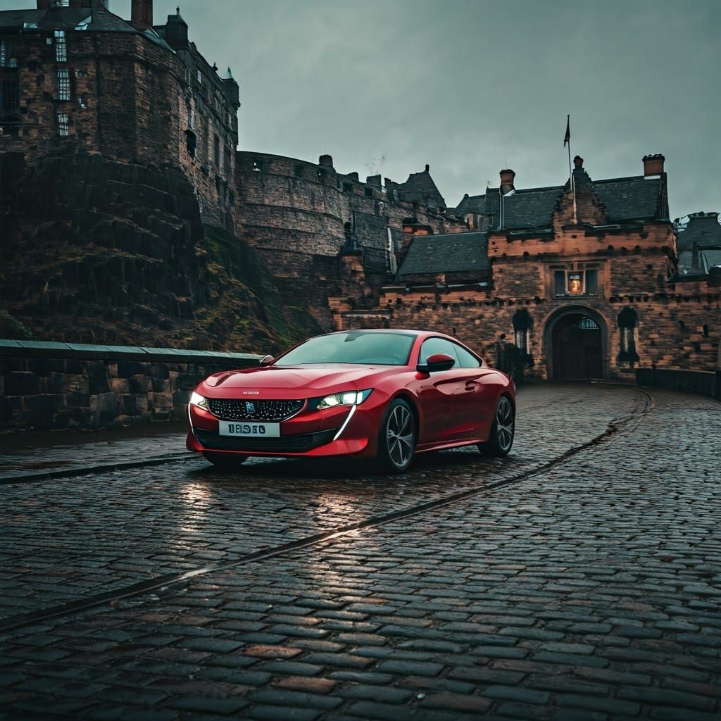 Red Peugeot 508 Coupé at Edinburgh Castle