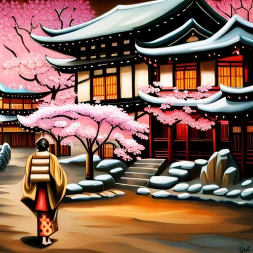 Geisha in Cherry Blossom Garden: Neo-Impressionist Painting