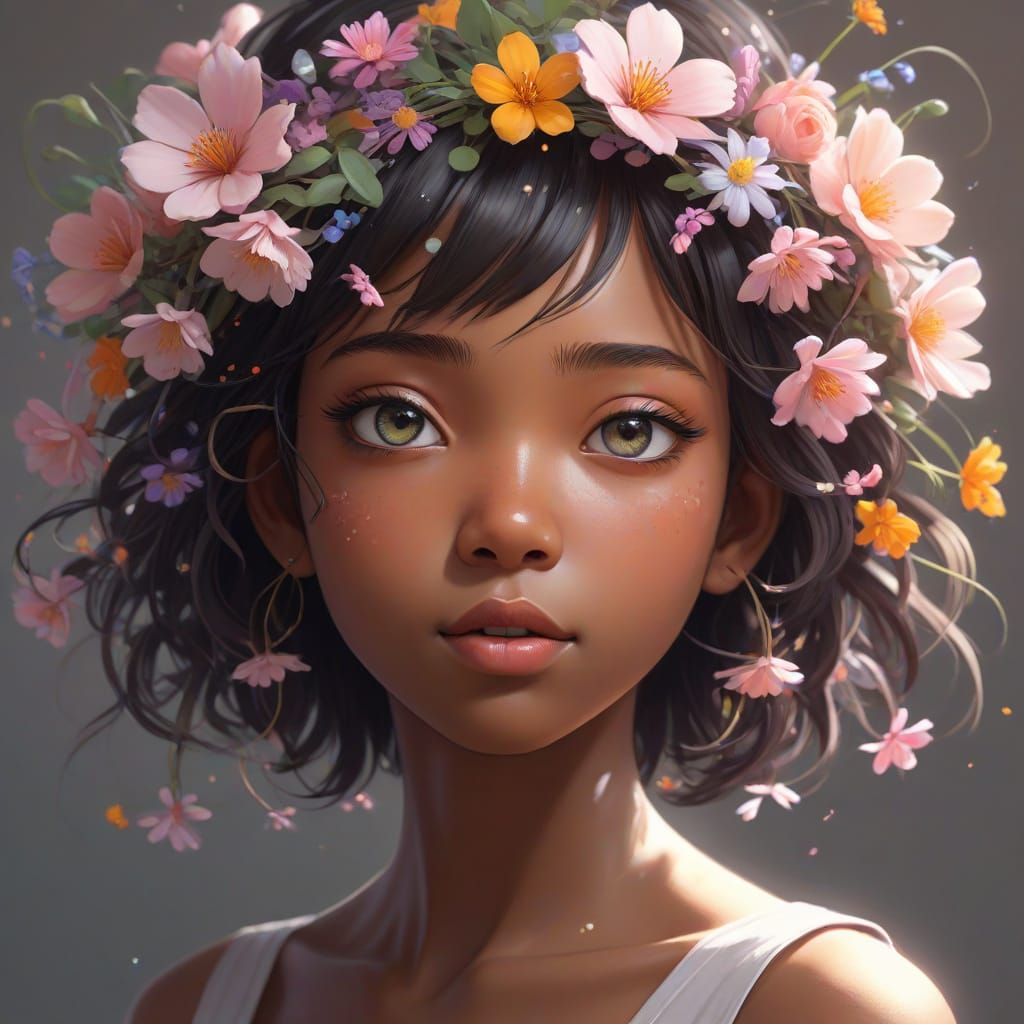 A Young Black Girl in a Digital Painting with Anime-Inspired...
