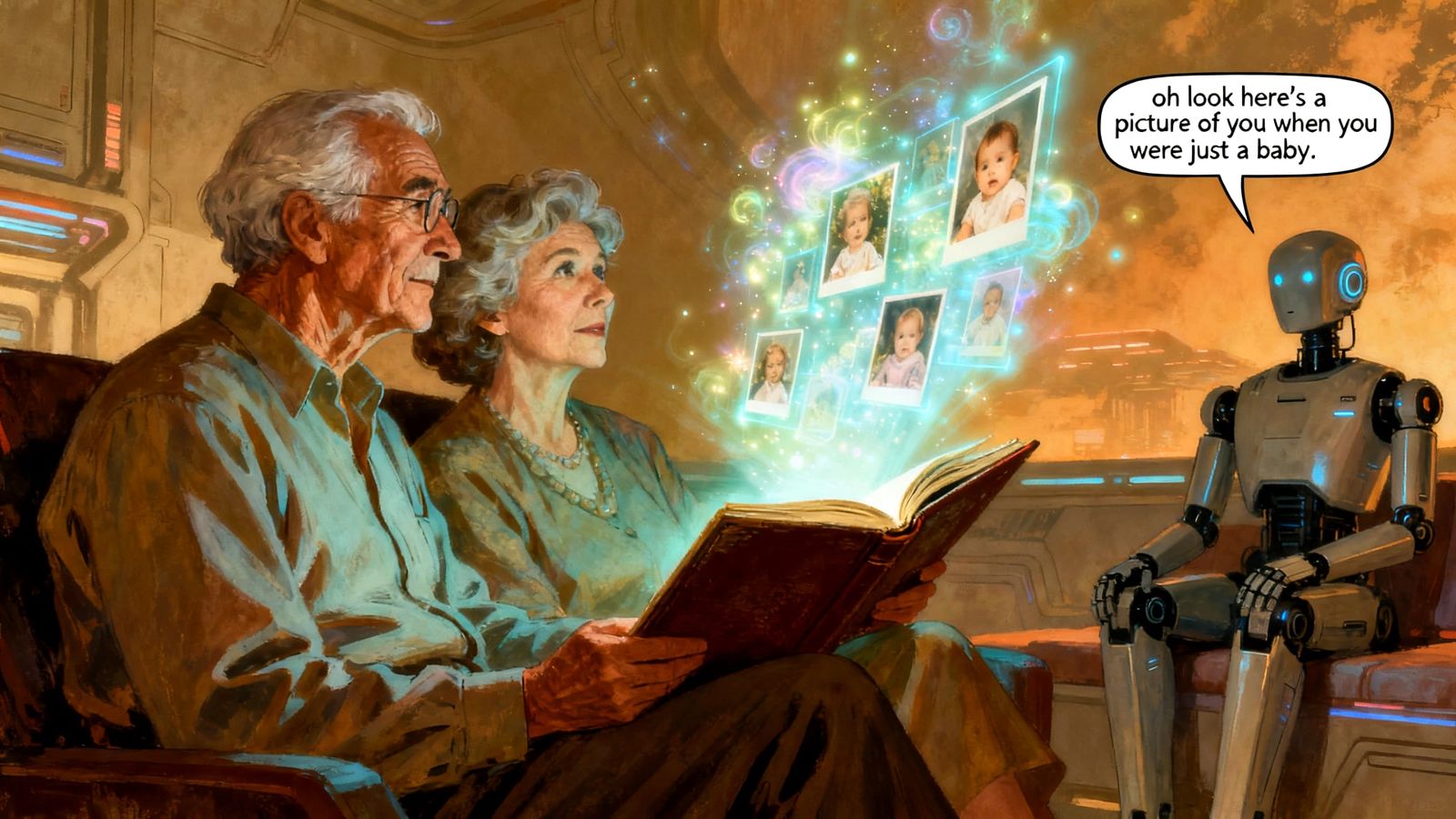 Elderly Couple Views Holographic Baby Photos With Android