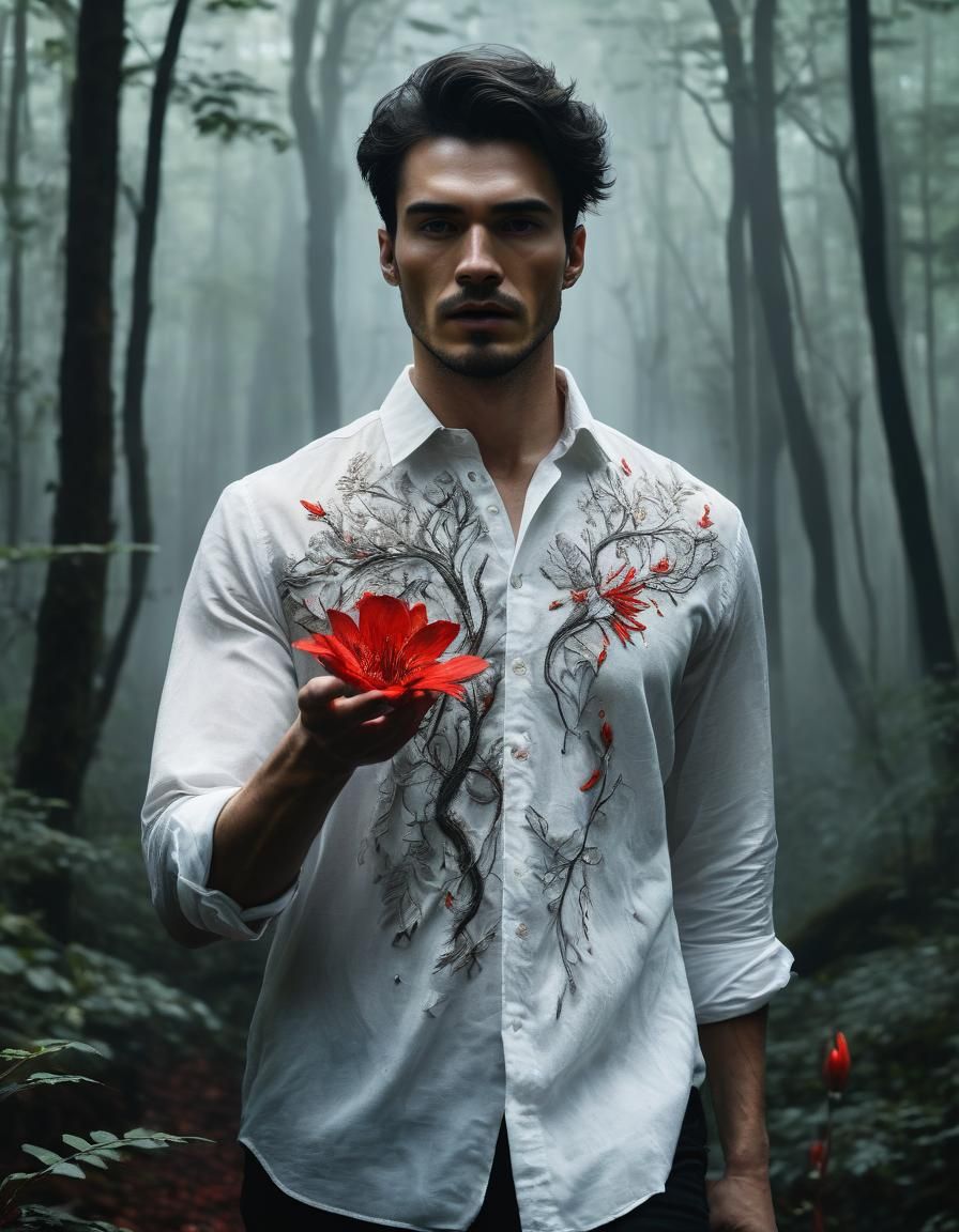 Mysterious Wanderer in a Scenic Mystic Forest