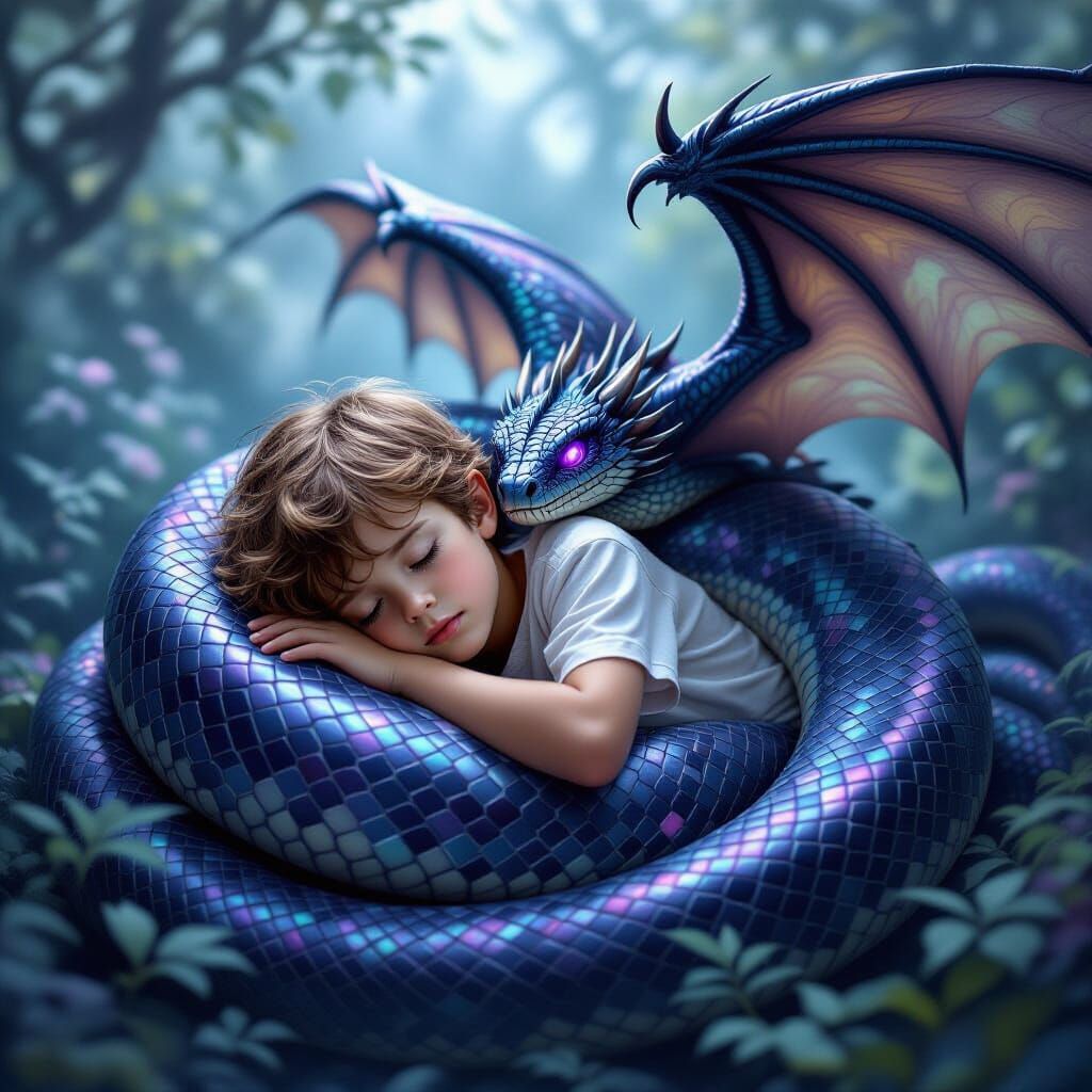 Winged Serpent Dragon Protects Sleeping Boy