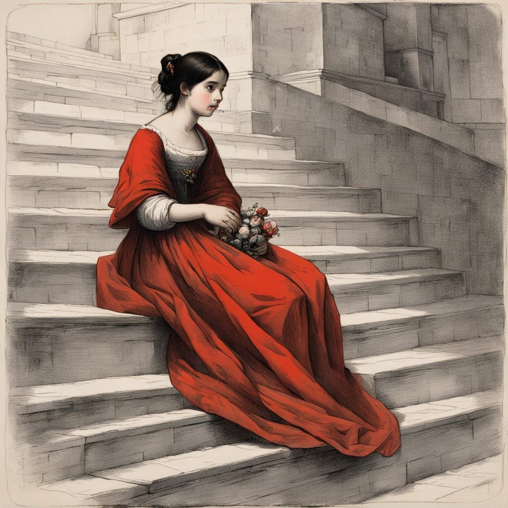 Medieval Girl in Red Gown on White Stairs