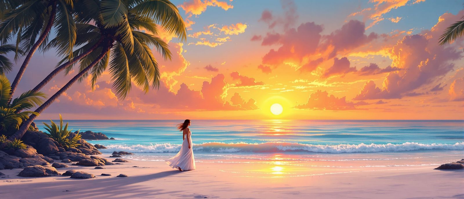 Tropical Beach Sunset in Impressionist Style
