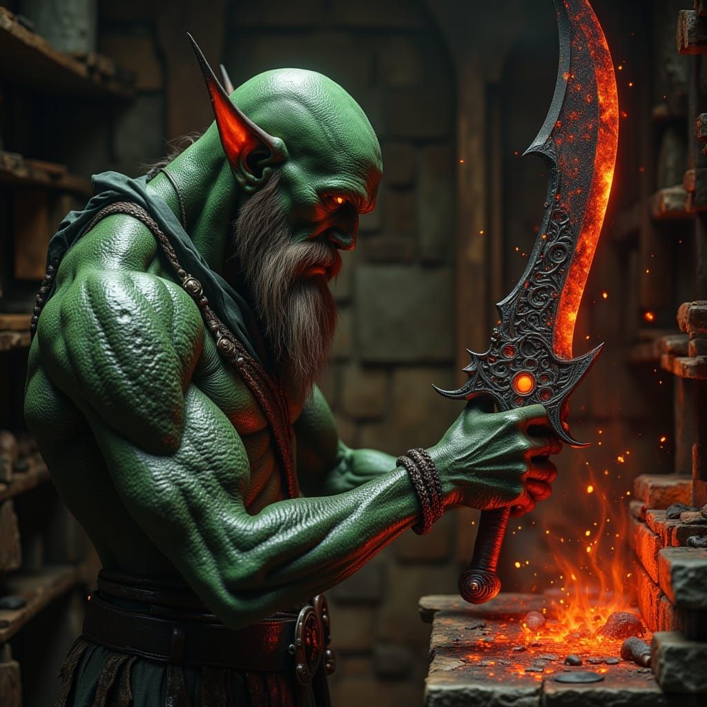 Orc Blacksmith Forging Obsidian Sword