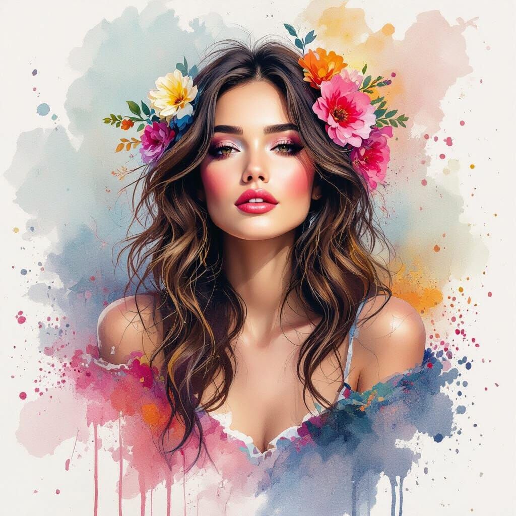 Whimsical Woman in Watercolour with Dreamlike Splatters