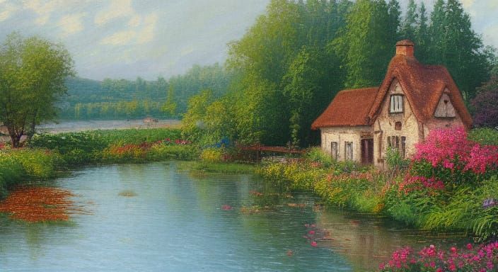 European Half-Timbered Cottage Oil Painting by Tranquil Pond
