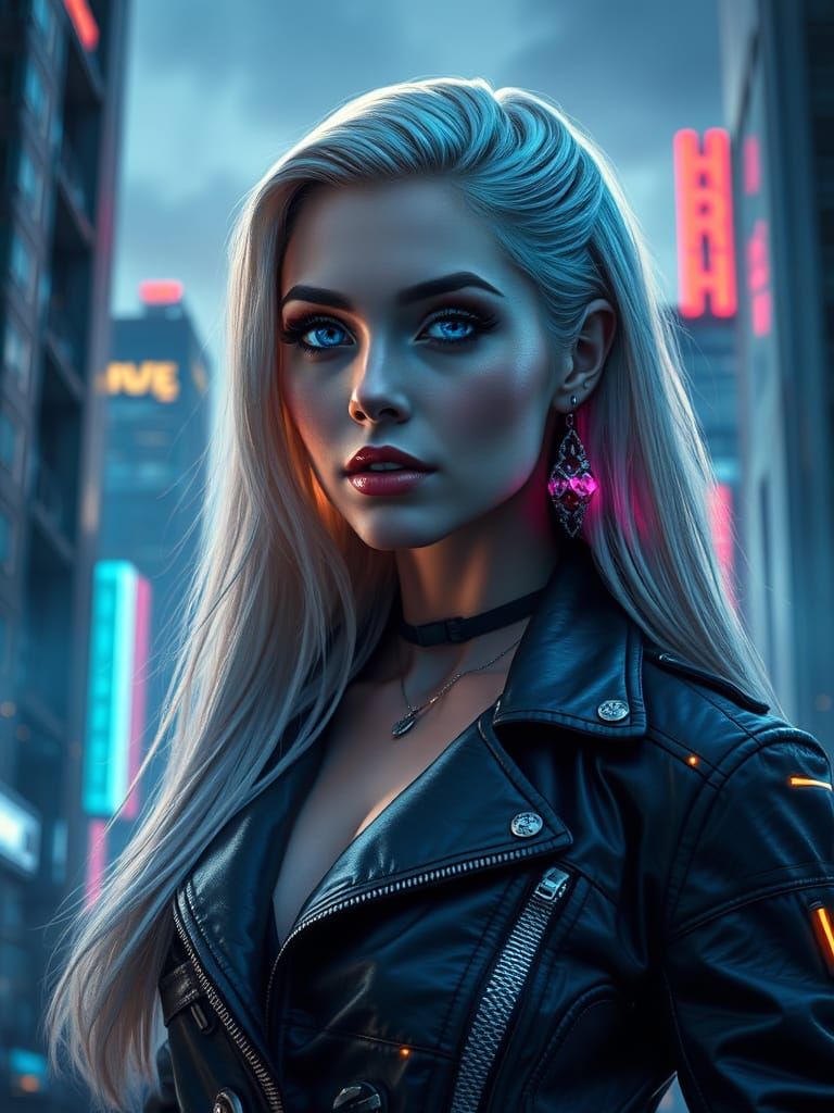 Cybernetic Woman in Futuristic Cityscape