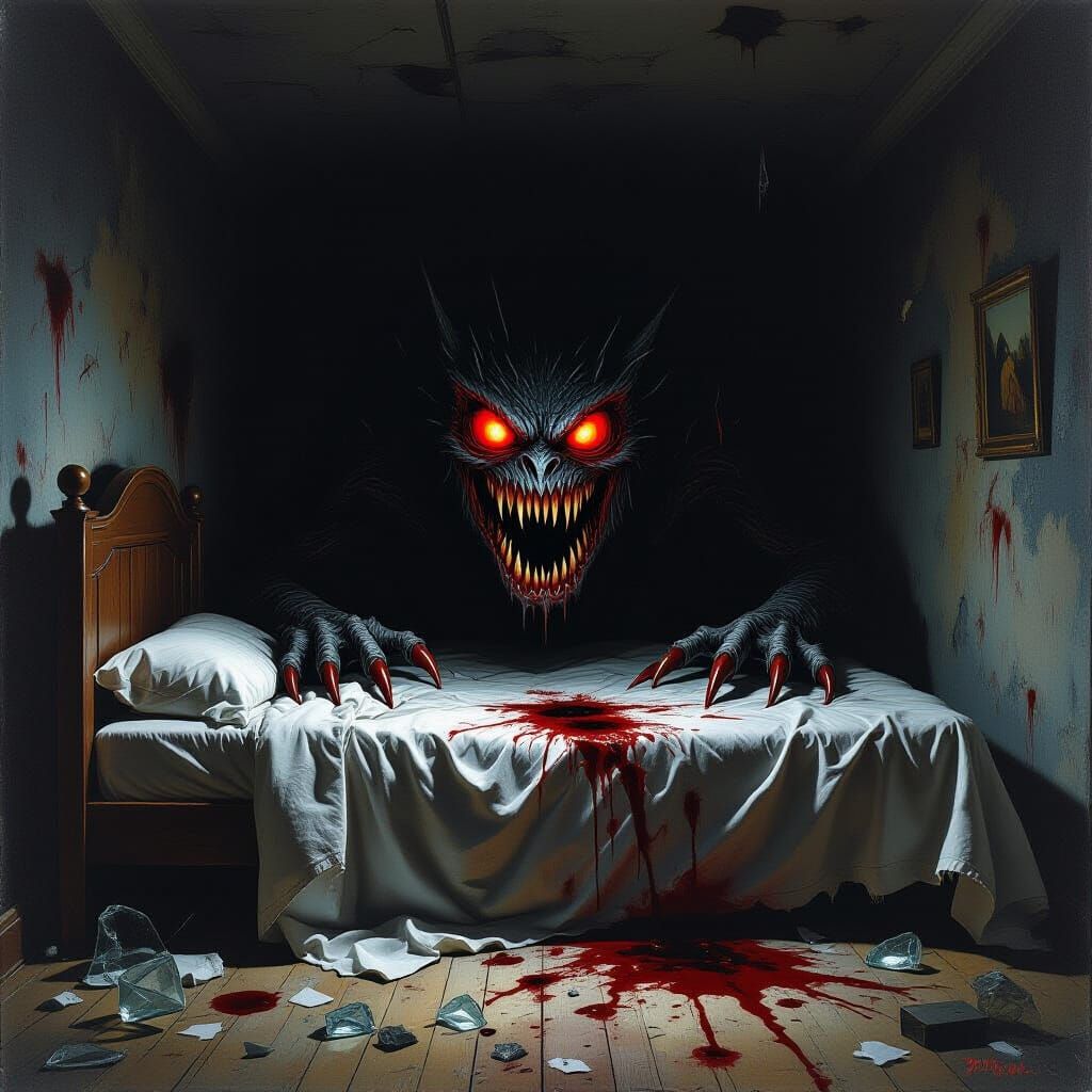 Terrifying Monster Lurking Under Bed in Dark Art Style