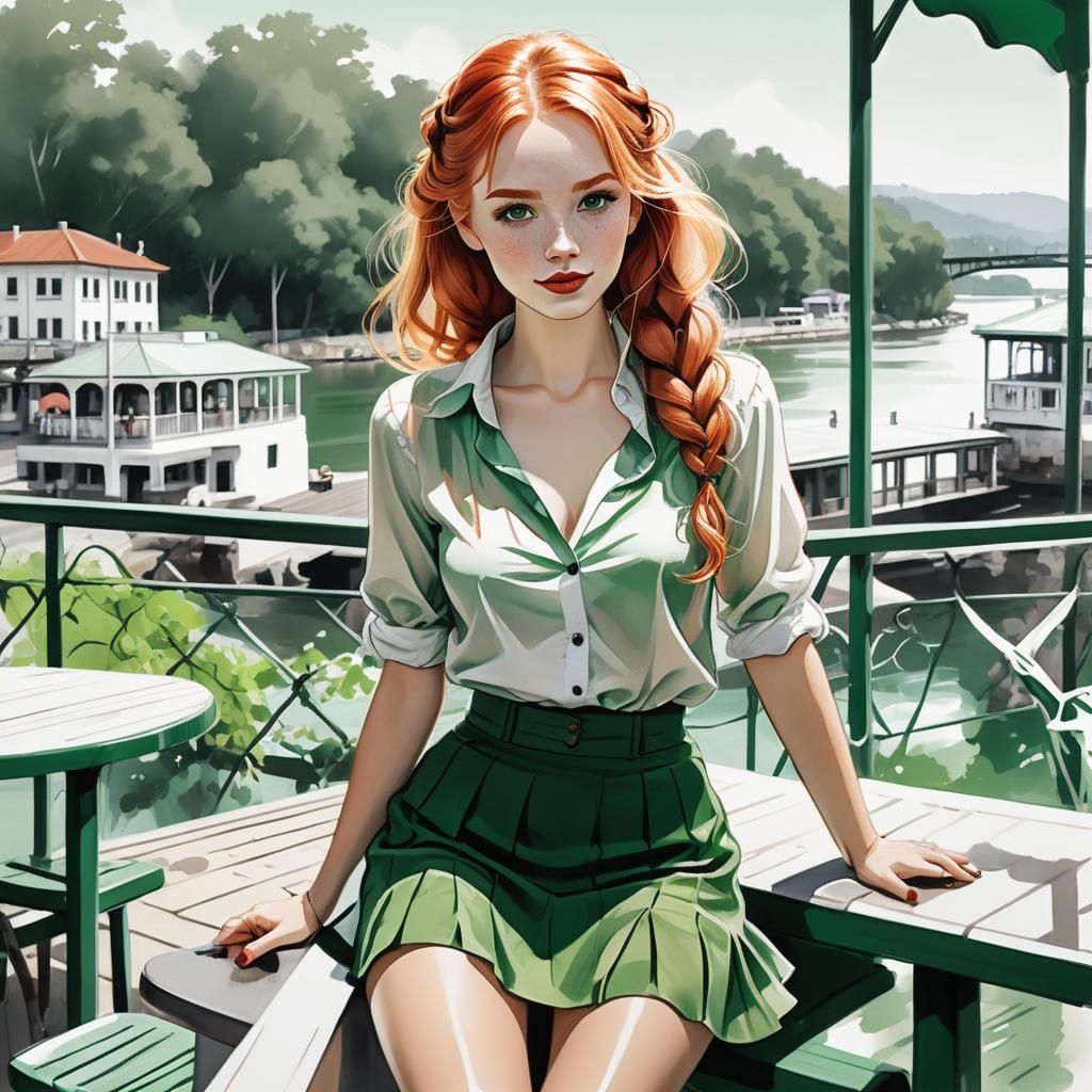 Stunning woman, wavy blond red hair, braidsm , short skirt and blouse, sitting on the terrace of a riverside cafe, , Ink...