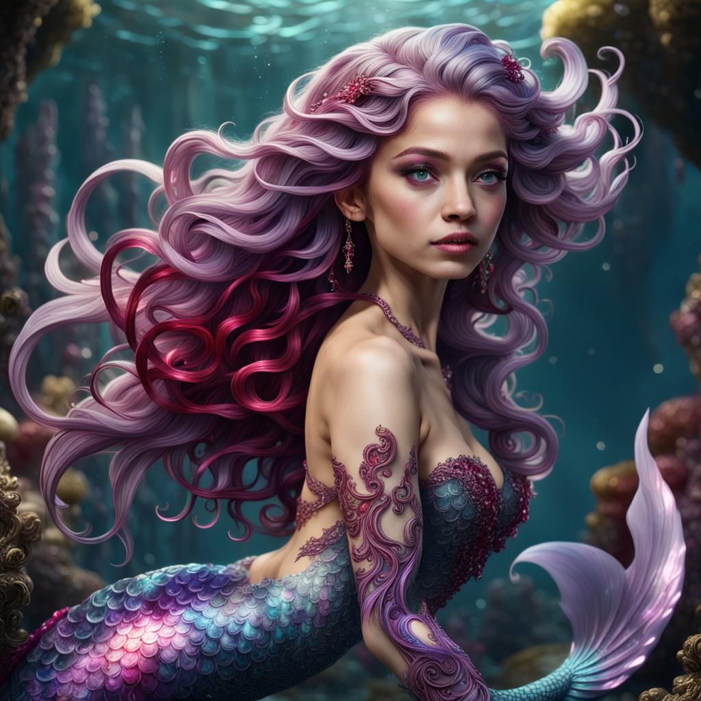 Enchanting Mermaid with Ruby Crystals: Fantasy Art