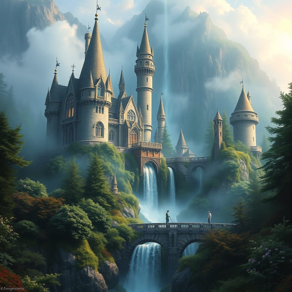 Dreamy Castle Waterfall in Glowing Light