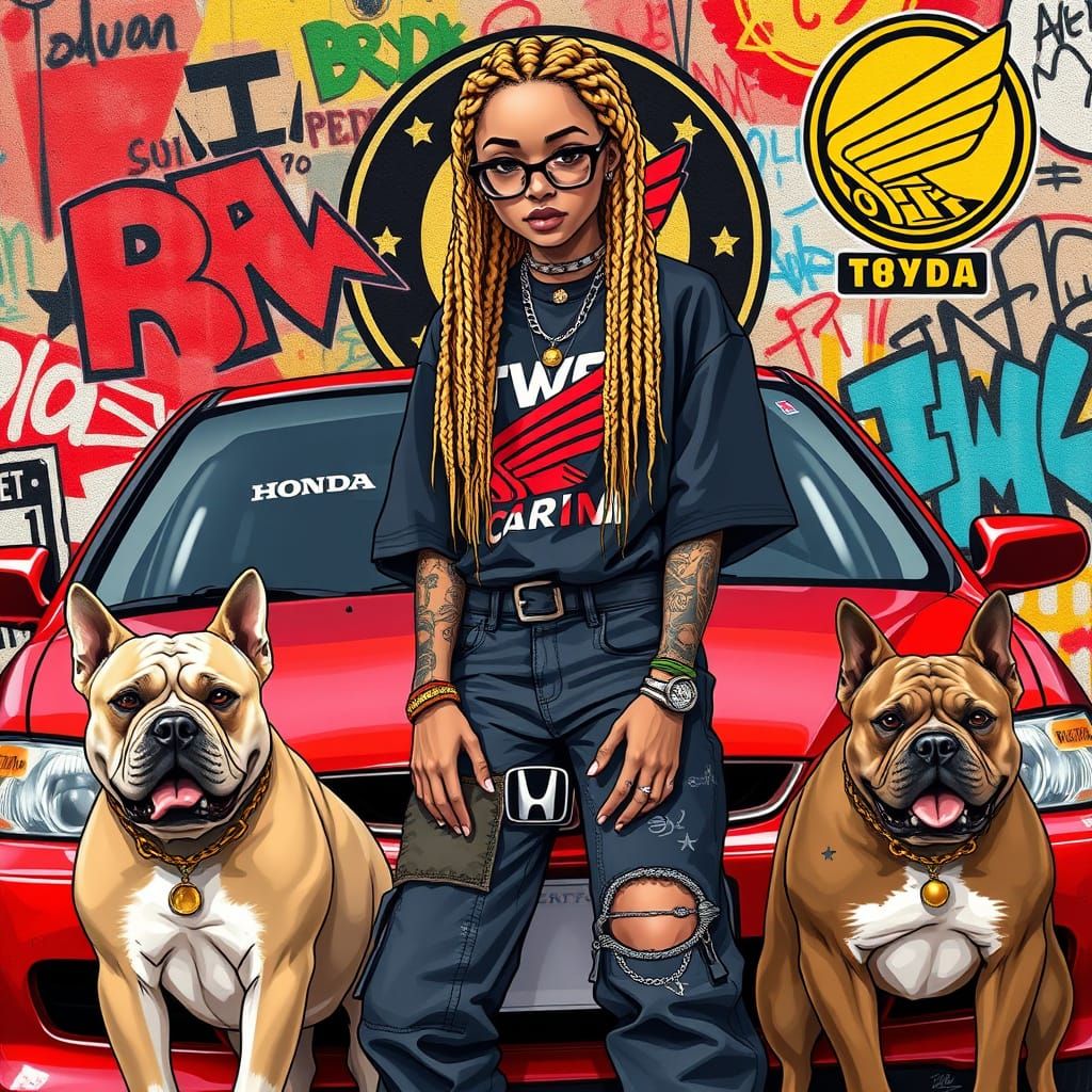 Girl with Braids, Dogs, and Graffiti in Urban Style