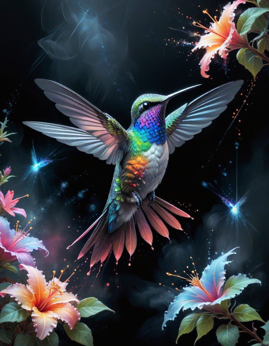 Hummingbird in Pastel Neon Rainbow Glow