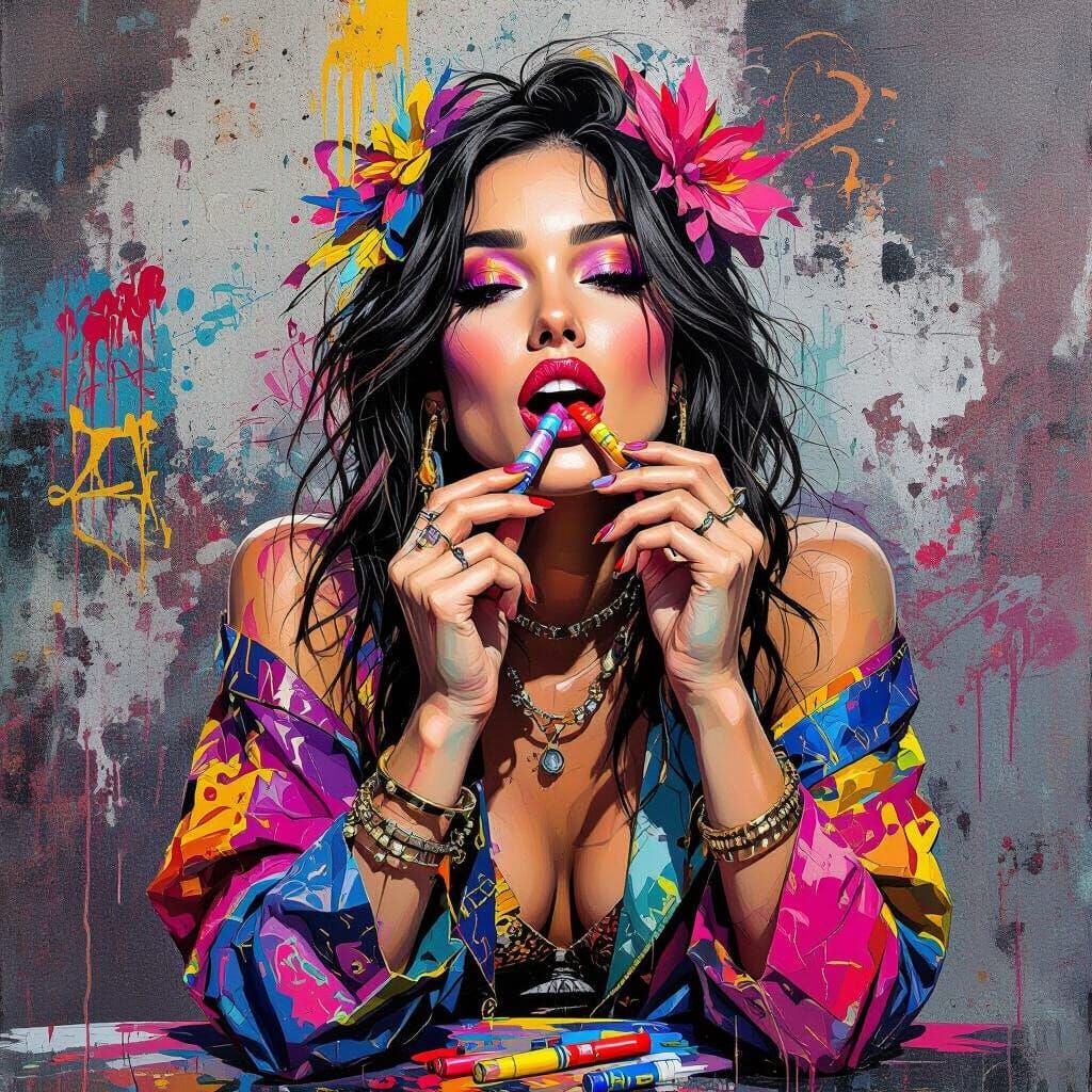 Woman Eating Crayon in Polychromatic Street Art