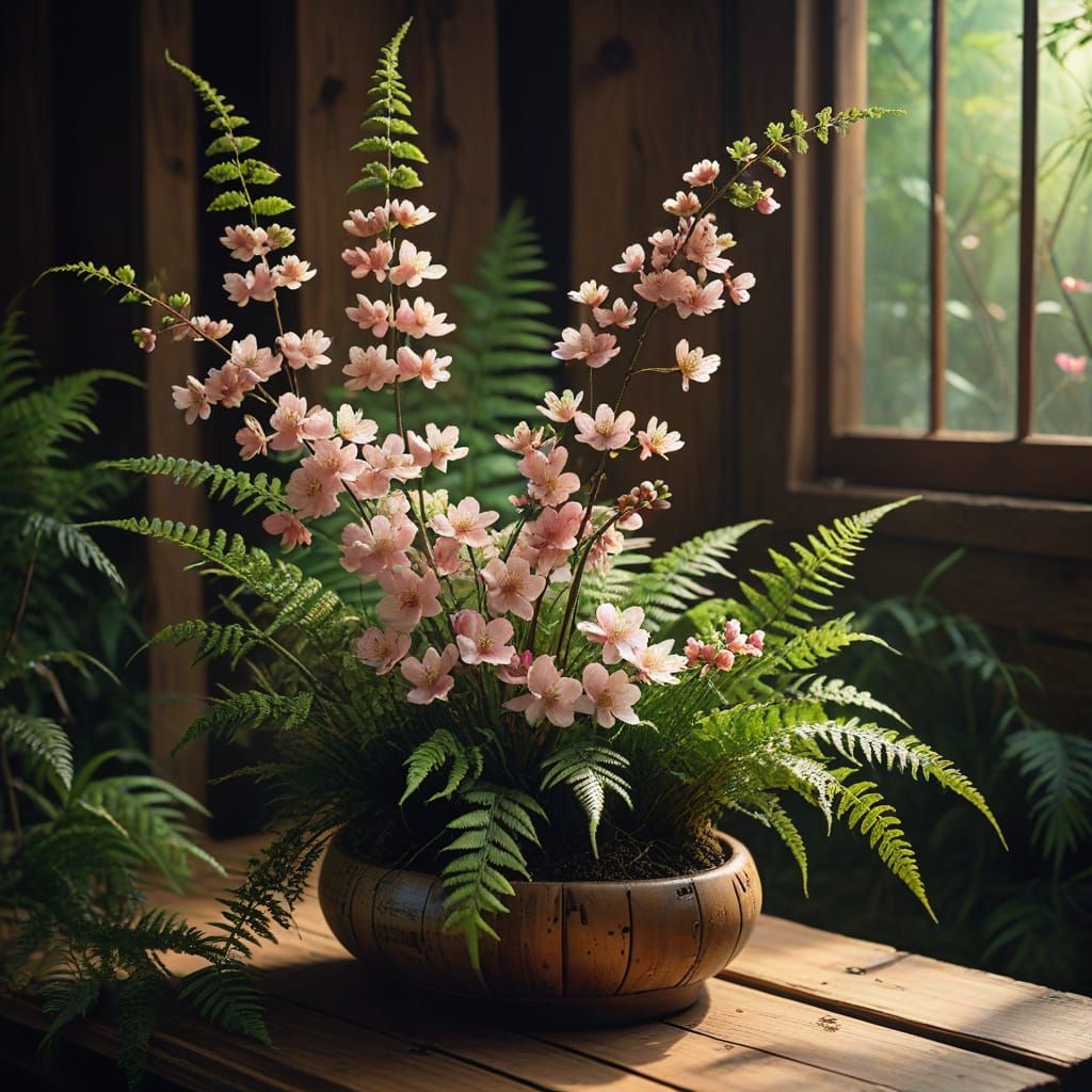 Ikebana Arrangement with Cherry Blossoms and Bamboo