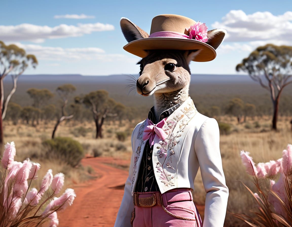 Photorealistic anthropomorphic female kangaroo named Kylie, wearing a Victorian-era outfit with a long, suede trousers, ...