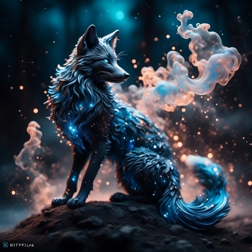 Smoky Black Fox Spirit with Bioluminescent Eyes