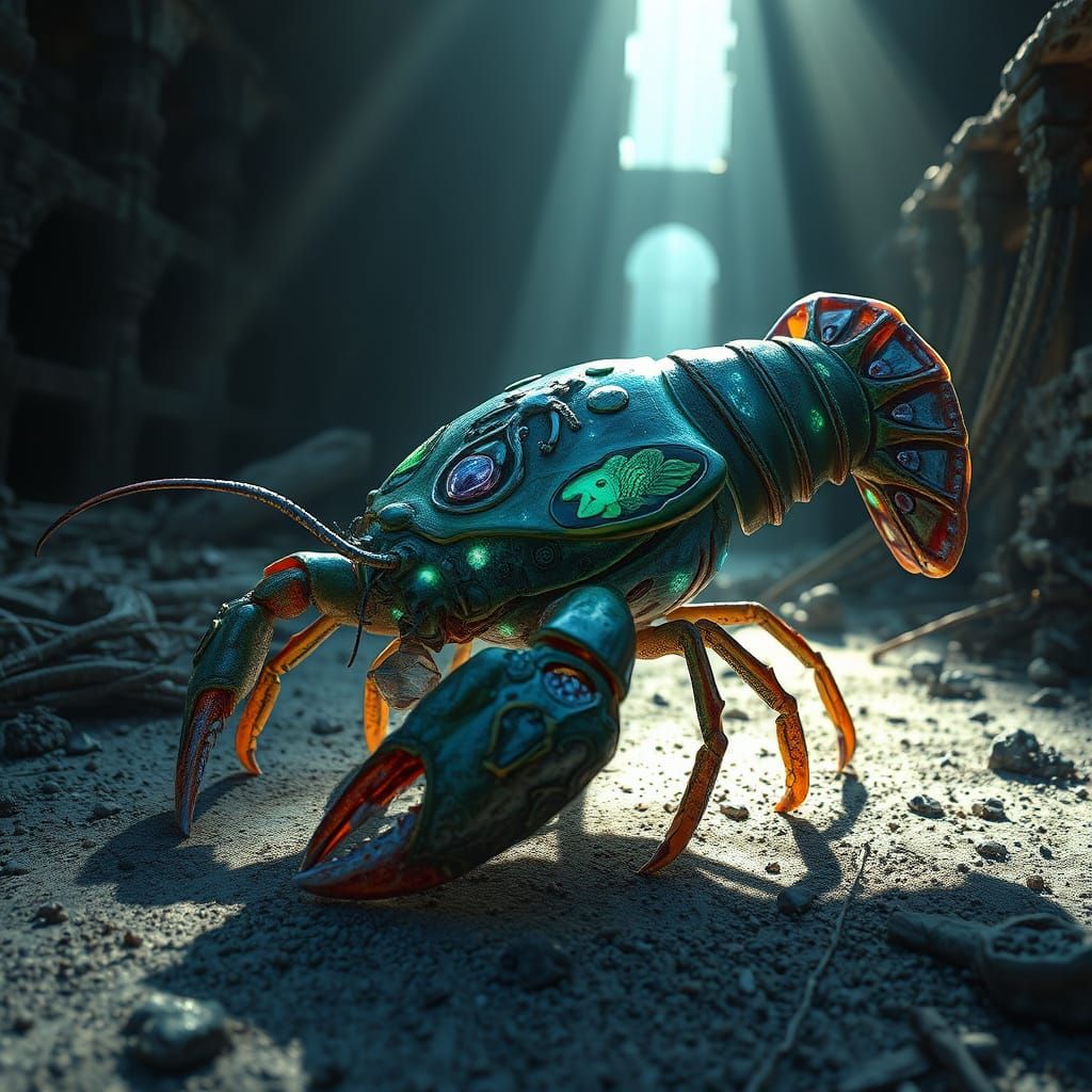Bioluminescent Lobster Exploring Sunken City Ruins