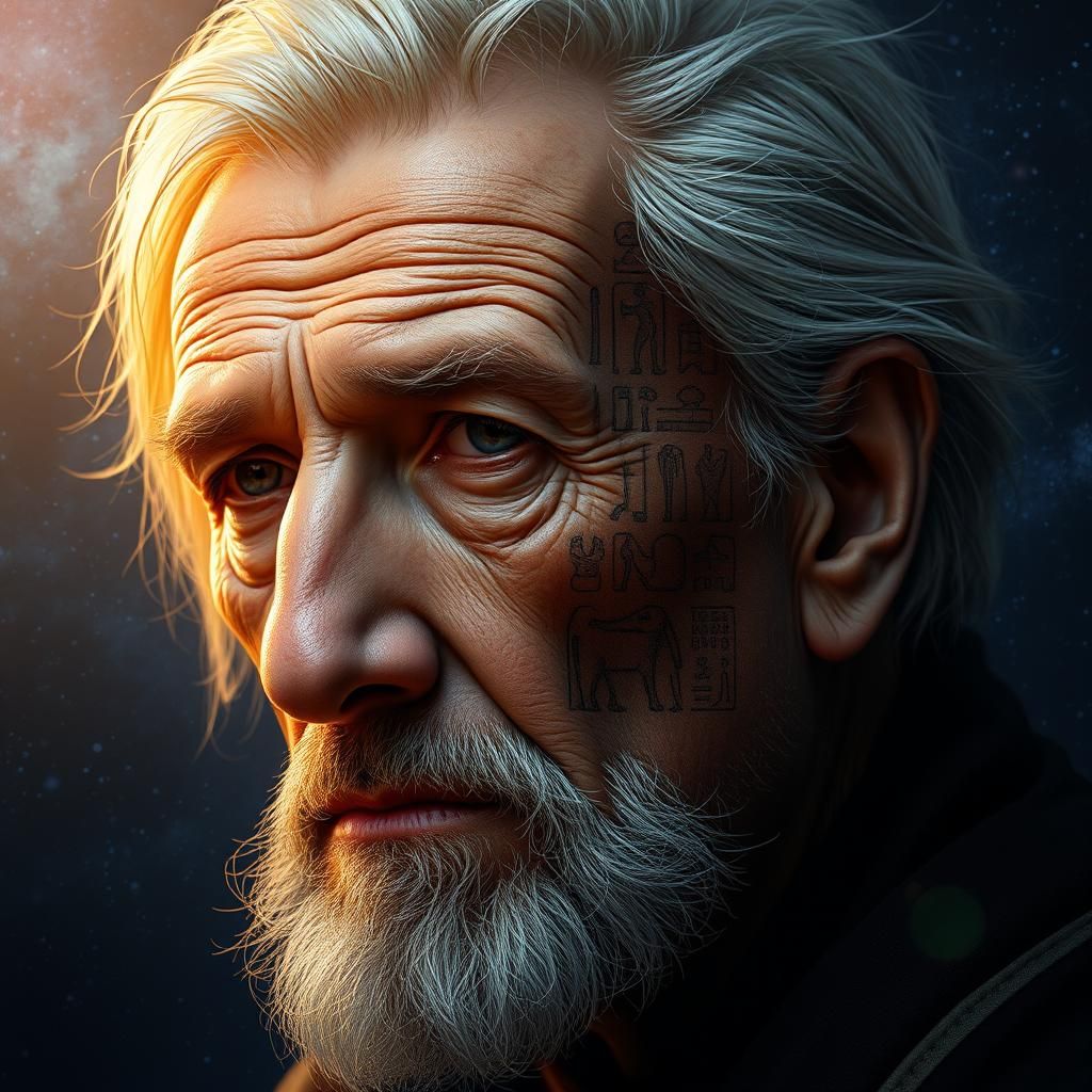 Man Merging with Hieroglyphs in Hyperrealistic Art