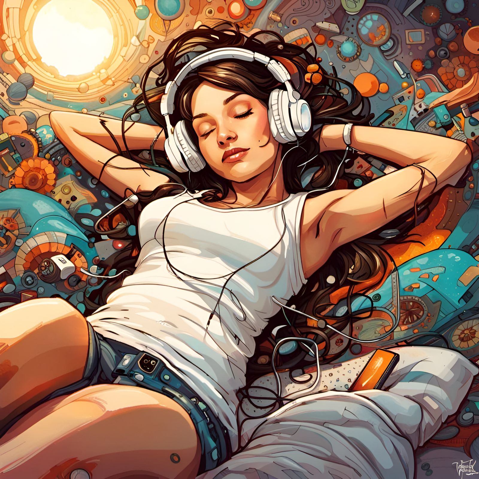 Woman in Bed with Headphones: Fantasy Splash Art