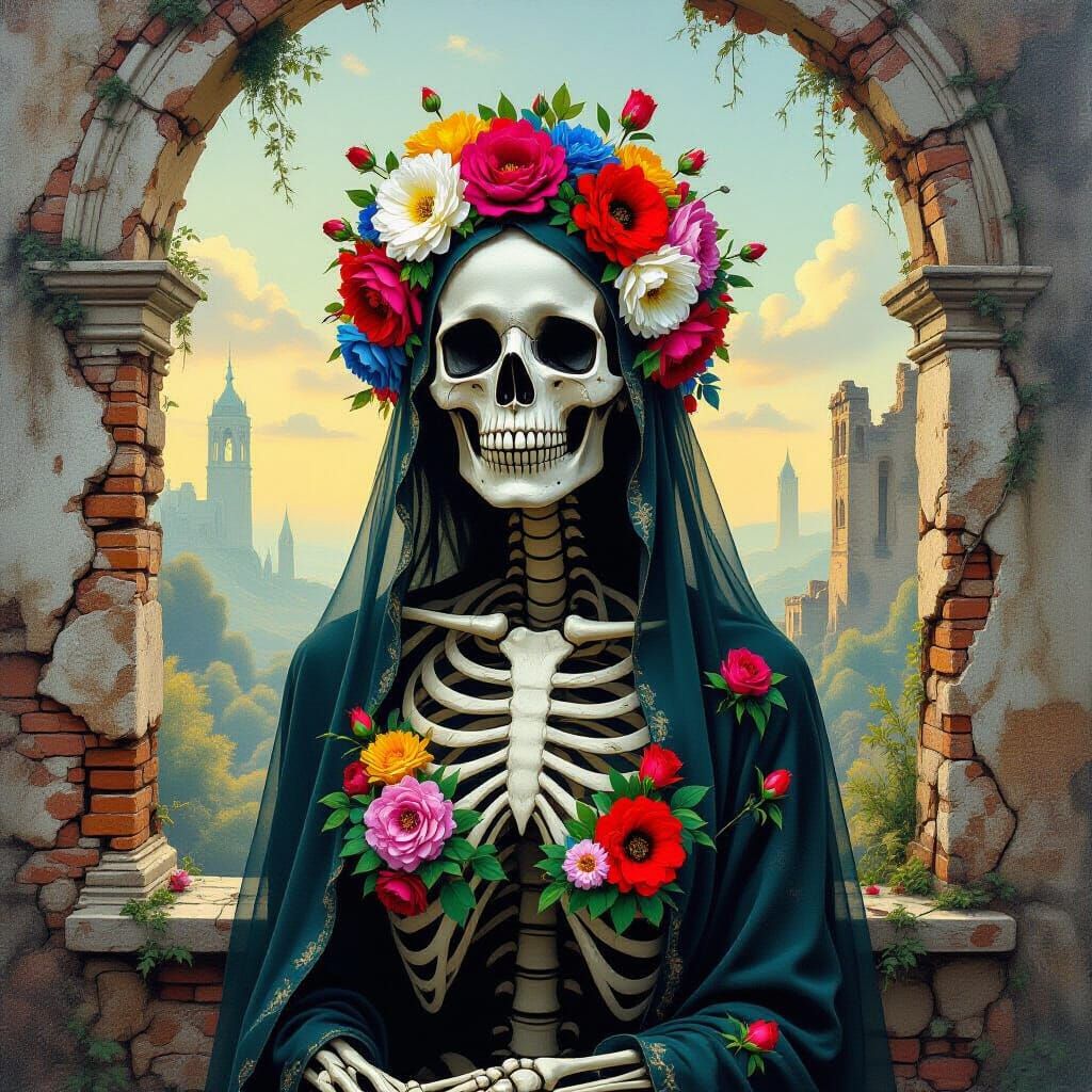 Floral Skeleton in Decaying Ruins: Surrealist Art