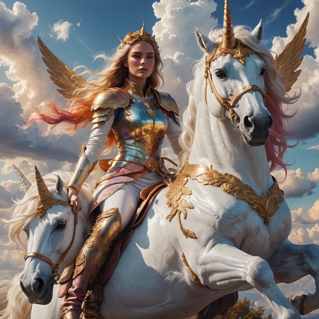 Girl on Unicorn Flying in Majestic Sky