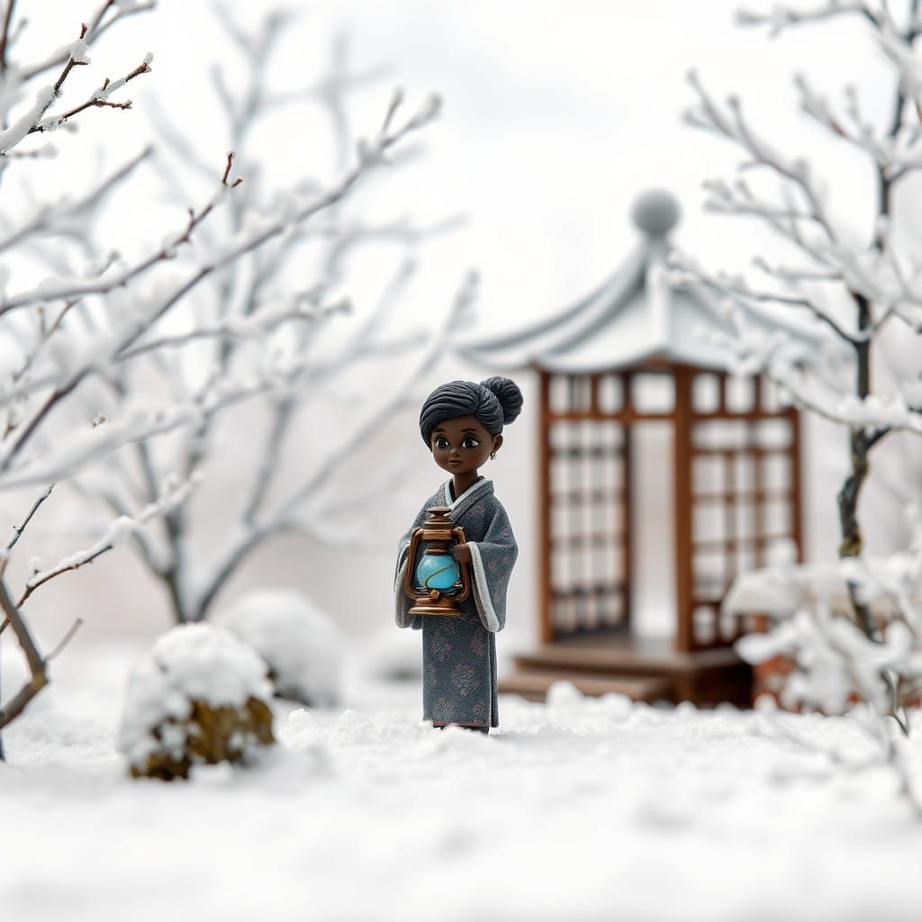 Whimsical Winter Wonderland Scene with Traditional Kimono Fi...
