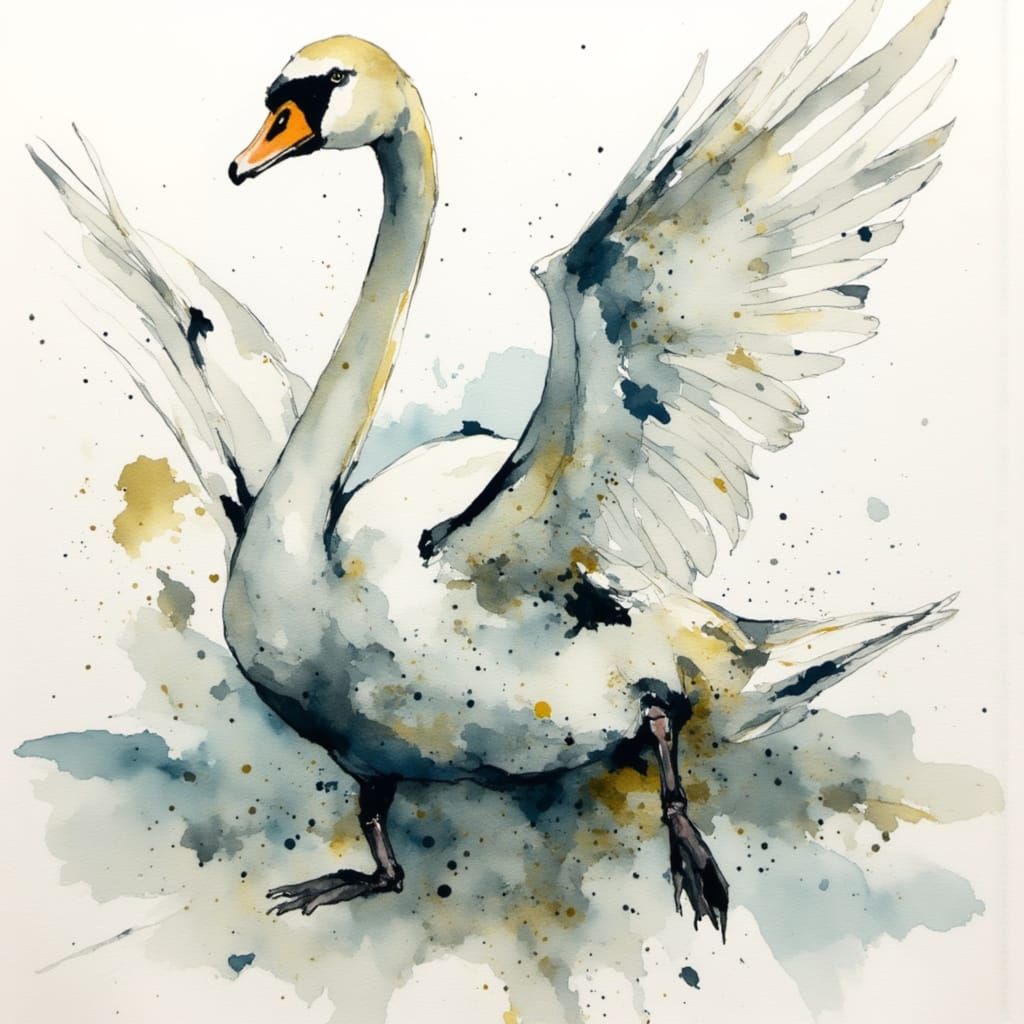 Expressive Ink and Watercolor Swan Splashing