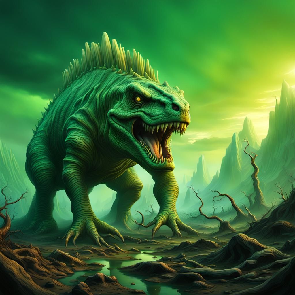 Colossal Reptilian Creature in Bioluminescent Landscape