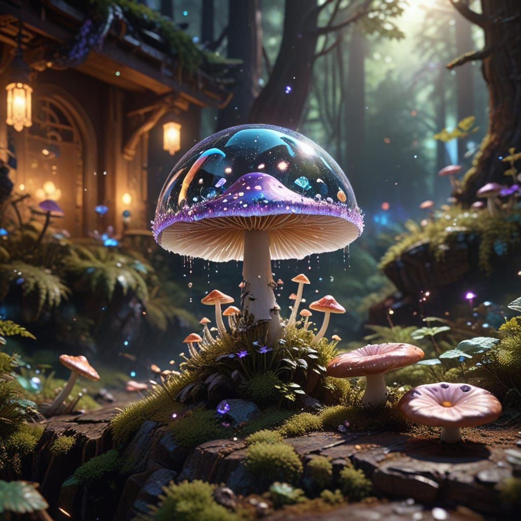 Whimsical Mushroom Planet in a Bioluminescent Galaxy