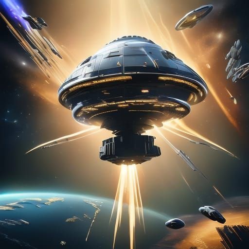 Massive Futuristic Spacecraft with Castle Station in Nebula