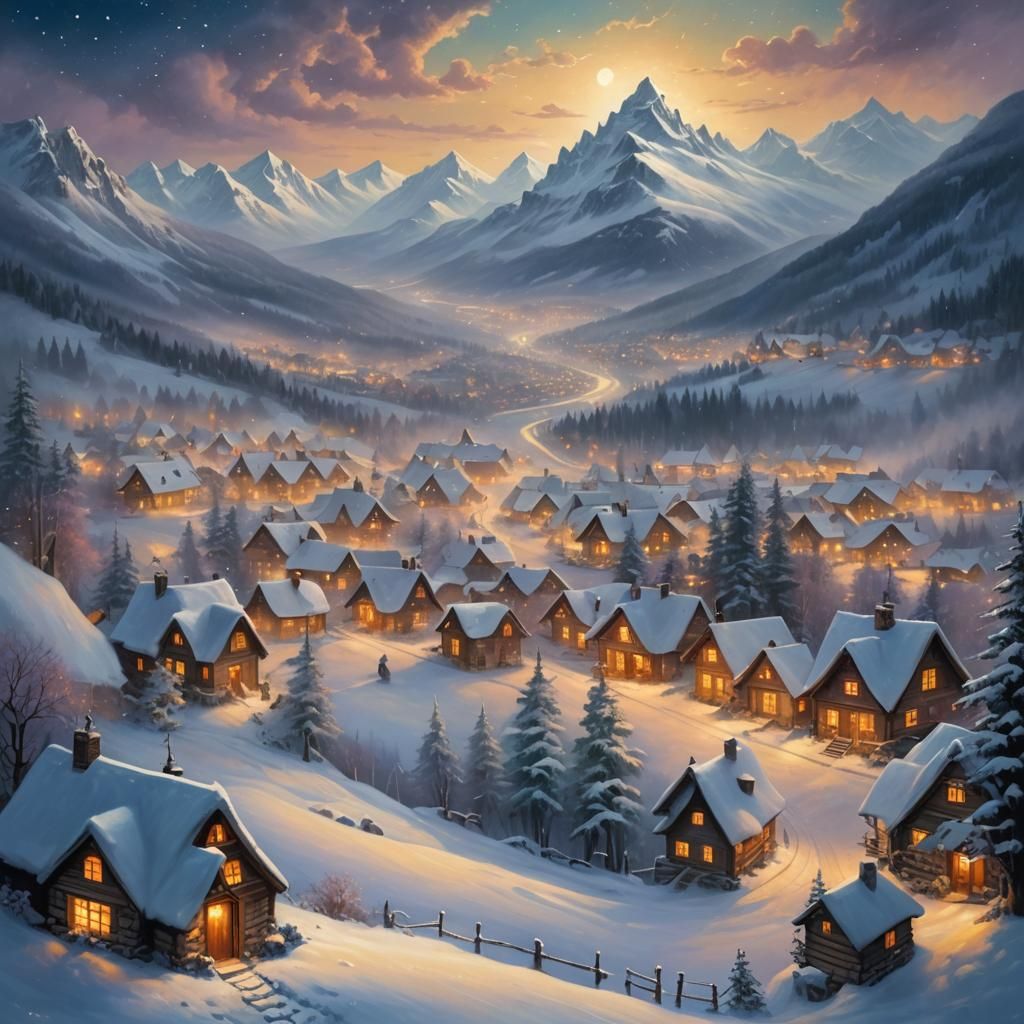 Mystical Village in Snowy Valley Under Starry Sky