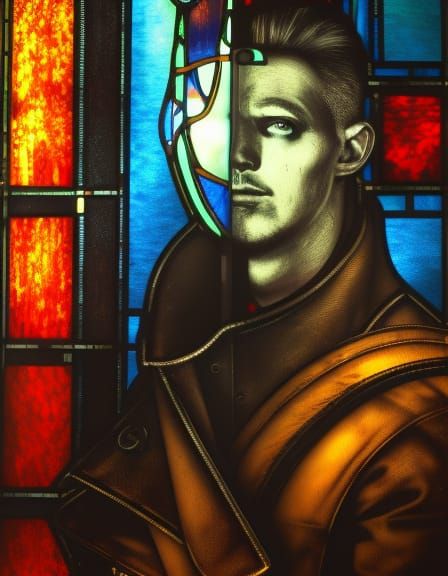 Cyberpunk Man in Bauhaus Stained Glass Style