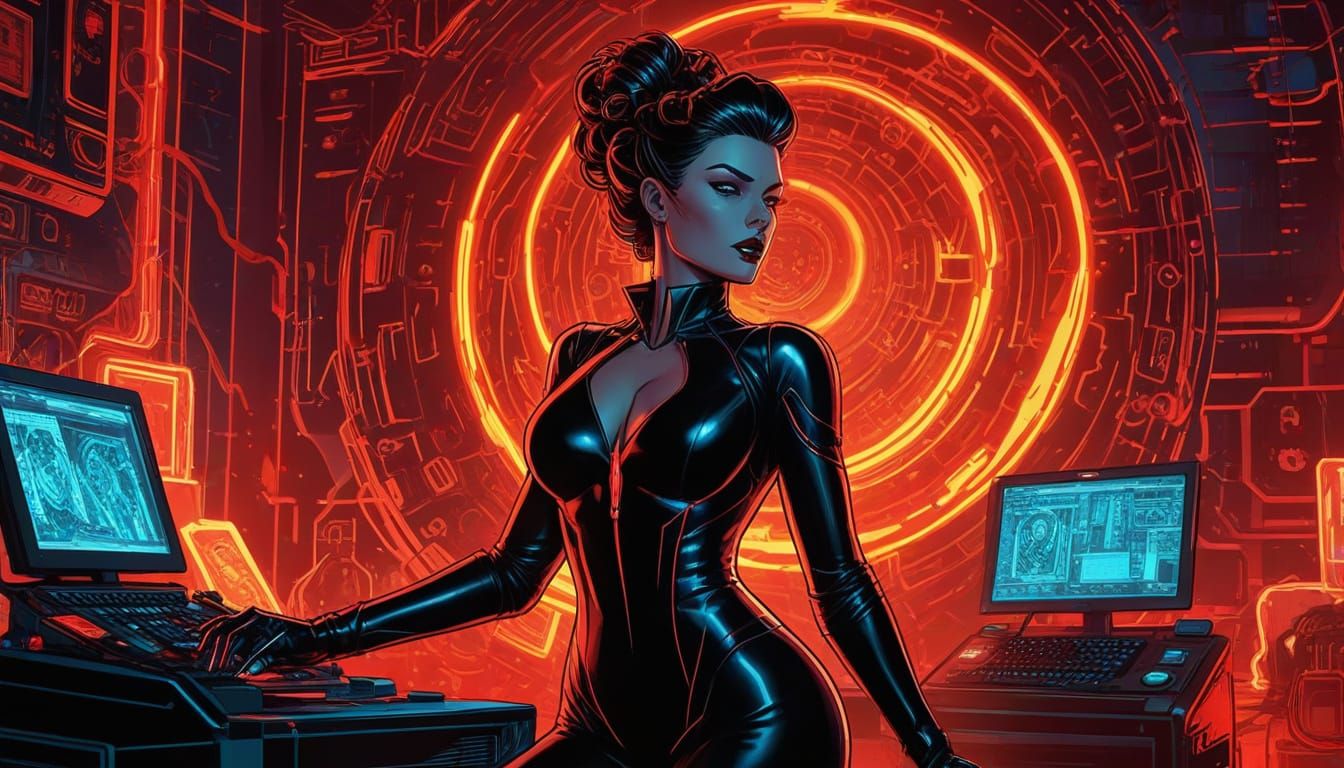 Elegant Villainess in High-Tech Lair - Comic Art Style