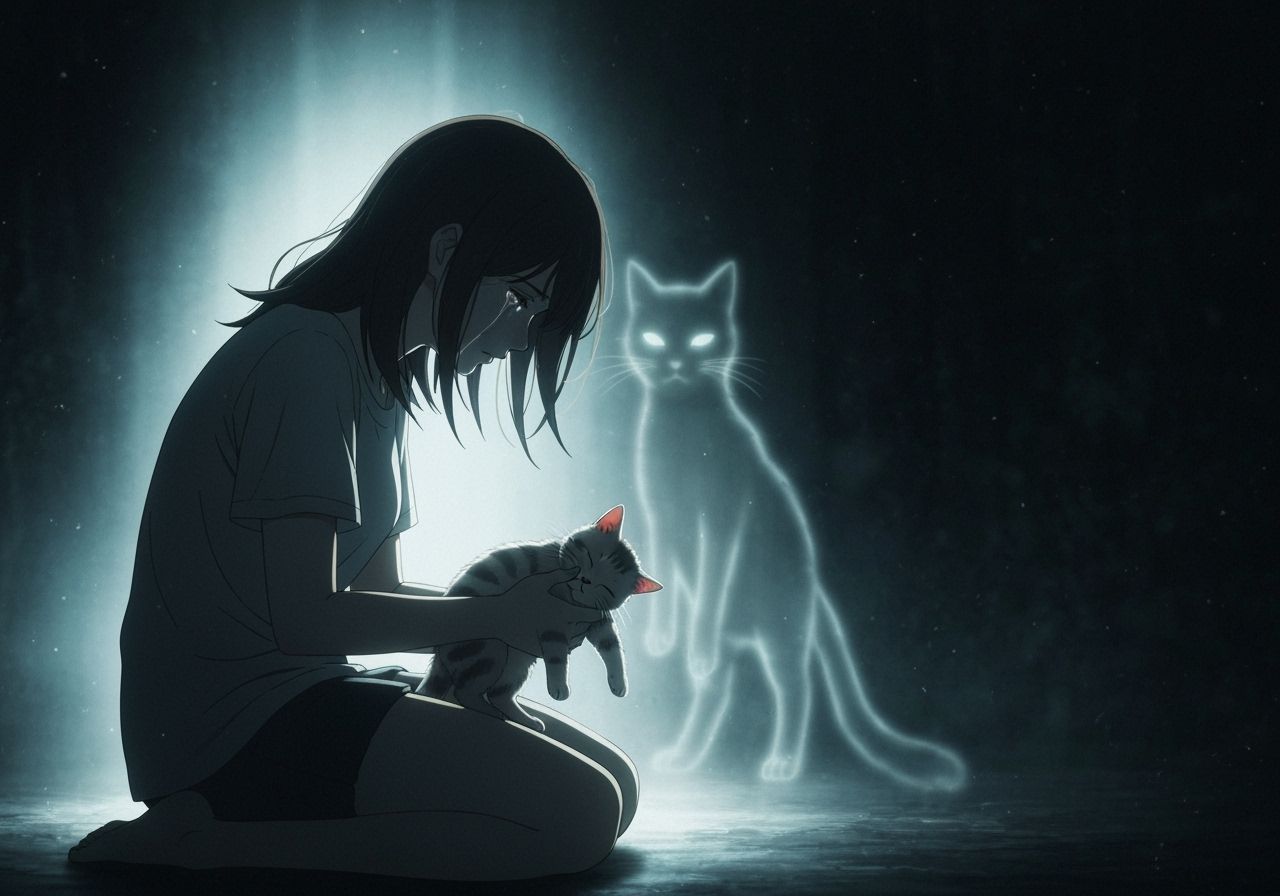 Grieving Woman with Cat Spirit in Anime Style
