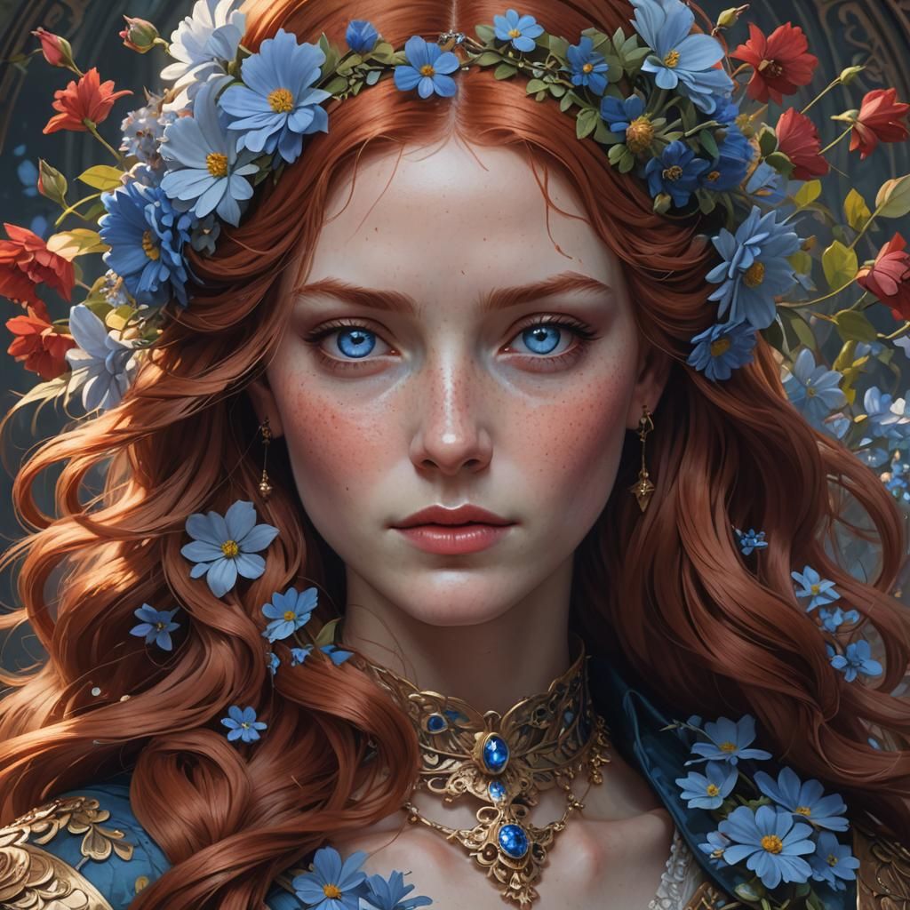 Queen with Red Hair and Blue Flowers