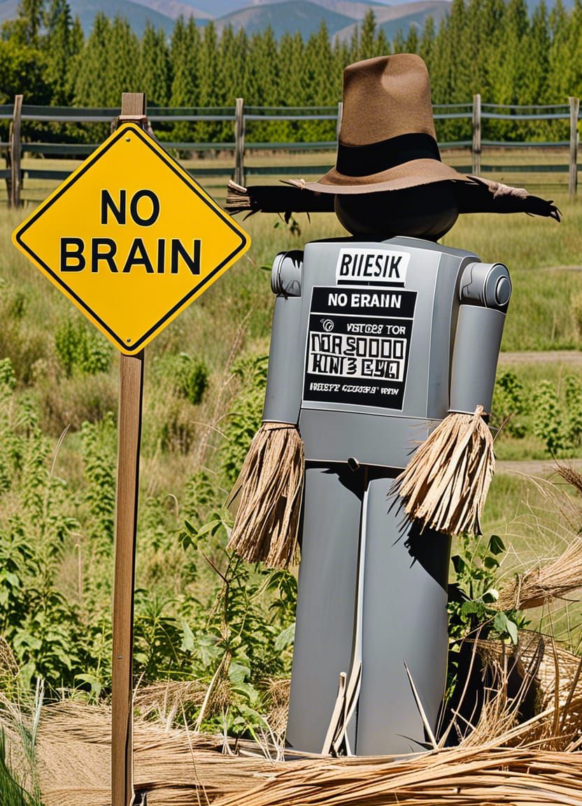 Humorous Scarecrow Sign Asks 'NO BRAIN'