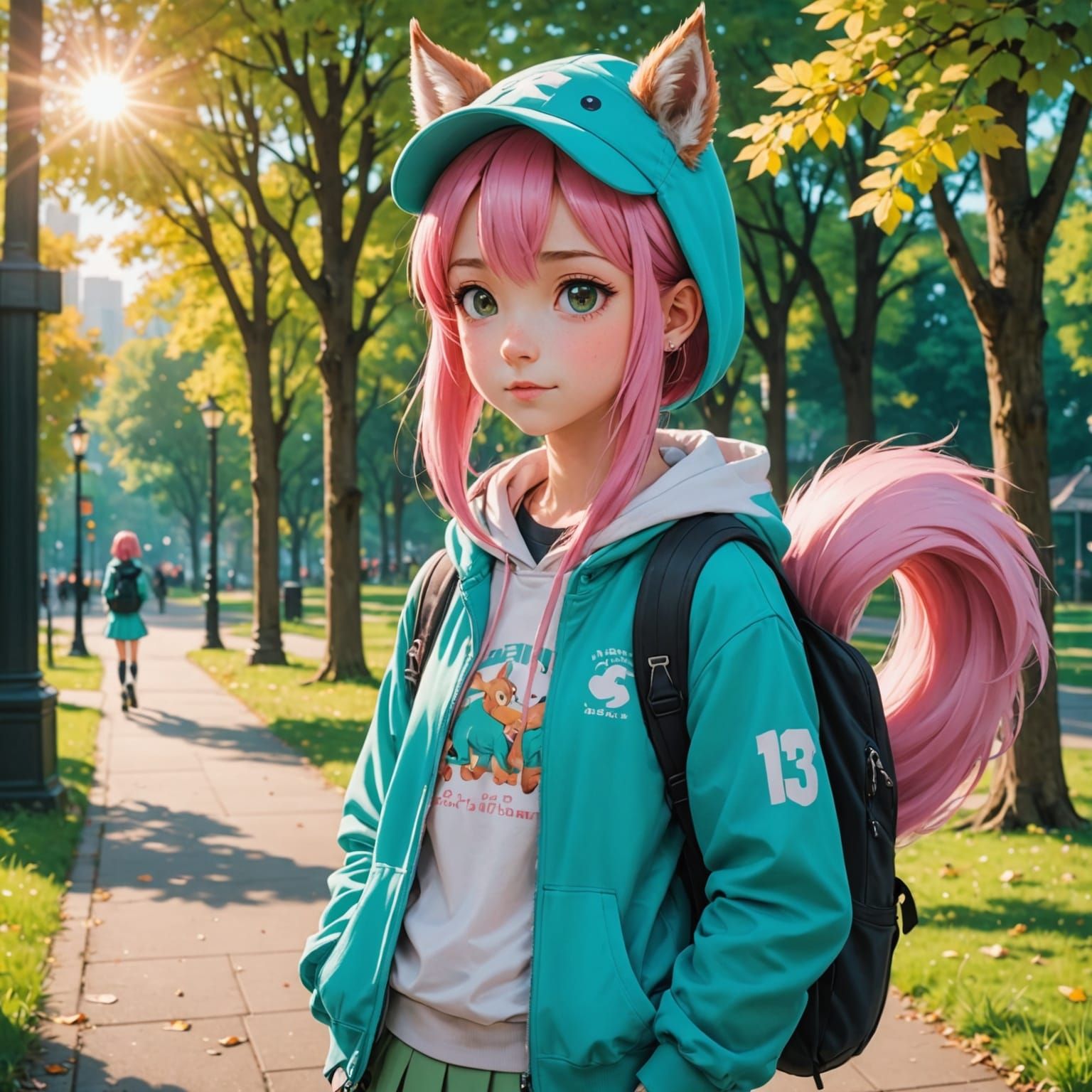 Cute Girl in Morning Park with Horse Ears and Pink Hair Watc...