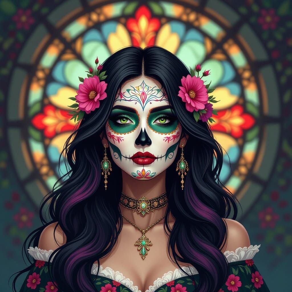 Day of the Dead Woman with Flowers in Hair