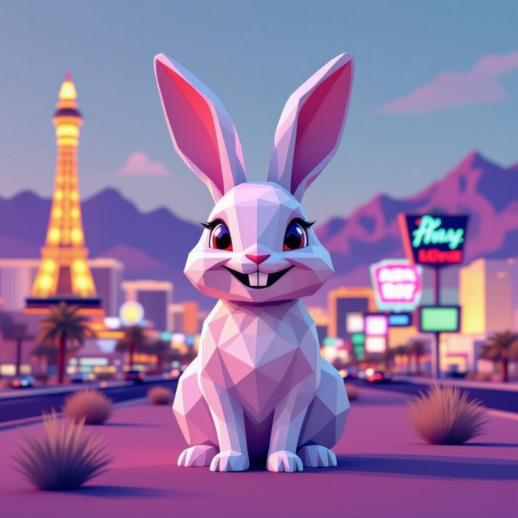 Vaporwave Rabbit in Las Vegas: Low-Poly Rendering