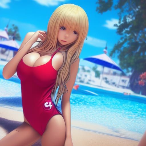 Anime Style Poster Art of Woman in Swimsuit